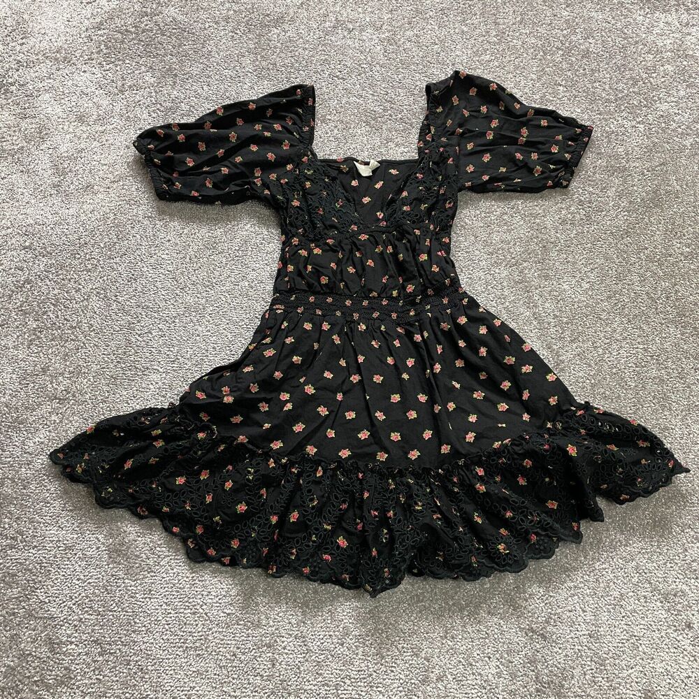 Asos Sundress Womens 4 Black Floral Short Sleeve Peasant Summer Dress Knee Lngth